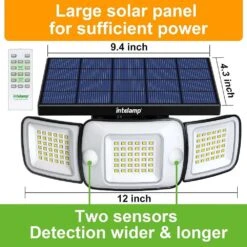 Intelamp Bright Waterproof Solar Lights With Motion Sensor And Remote, 1200 Lumens, 2-Pack