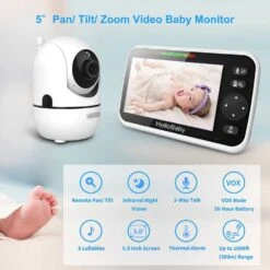 HelloBaby No WiFi Baby Monitor - 5 Screen, 30-Hour Battery, Pan-Tilt-Zoom, Night Vision, 2-Way Talk, 1000ft Range