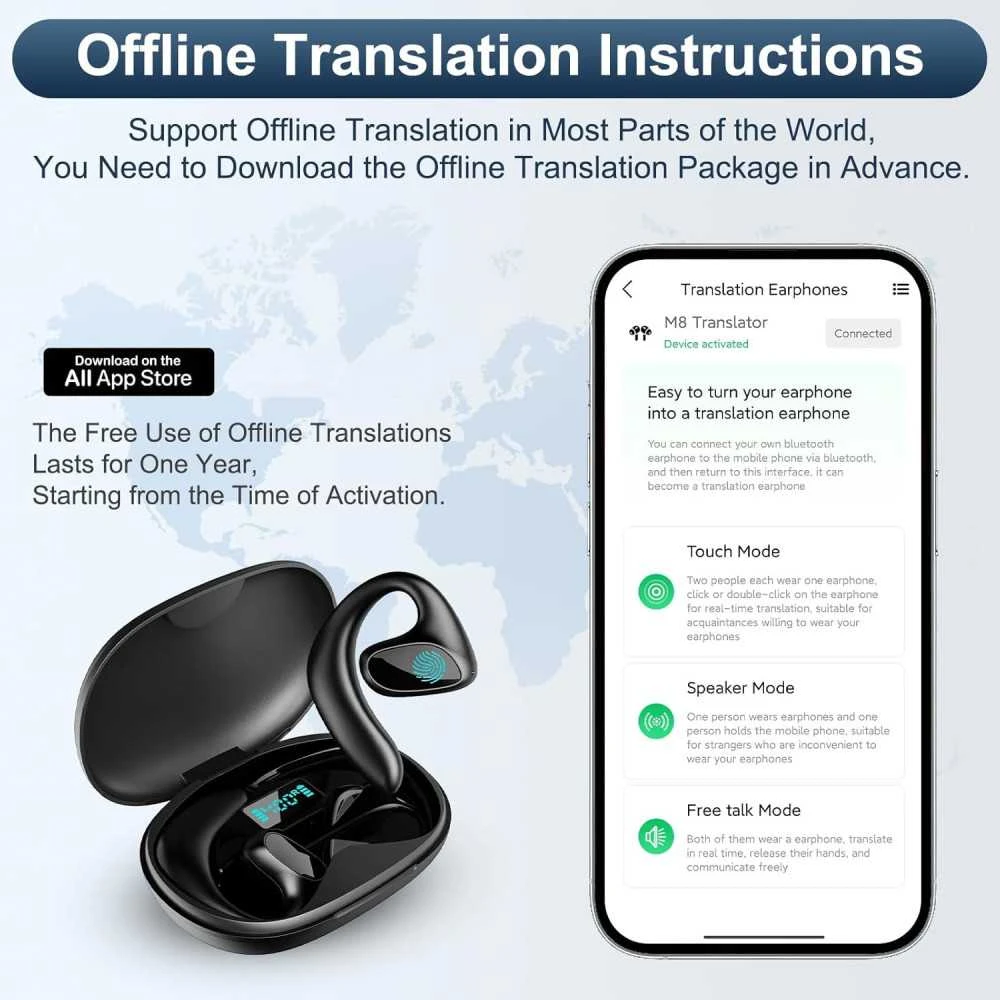 Two-Way Language Translator Earbuds, 144 Languages, Real-Time Voice Translation, Bluetooth & APP Enabled, Black 6 Two-Way Language Translator Earbuds, 144 Languages, Real-Time Voice Translation, Bluetooth & APP Enabled, Black - Image 4